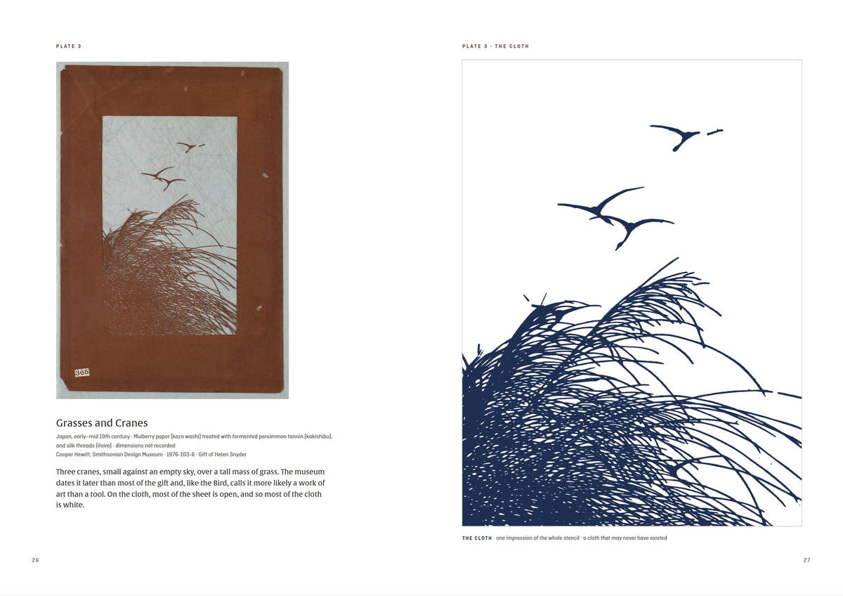 Katagami — Her Name Is on Every One of Them — spread: Grasses and Cranes, the stencil facing its cloth (digital preview of the printed pages)