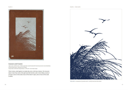 Katagami — Her Name Is on Every One of Them — spread: Grasses and Cranes, the stencil facing its cloth (digital preview of the printed pages)