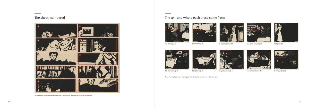 Félix Vallotton — Black on Wood — spread: the cancellation sheet, numbered, and the ten prints each fragment came from (digital preview of the printed pages)