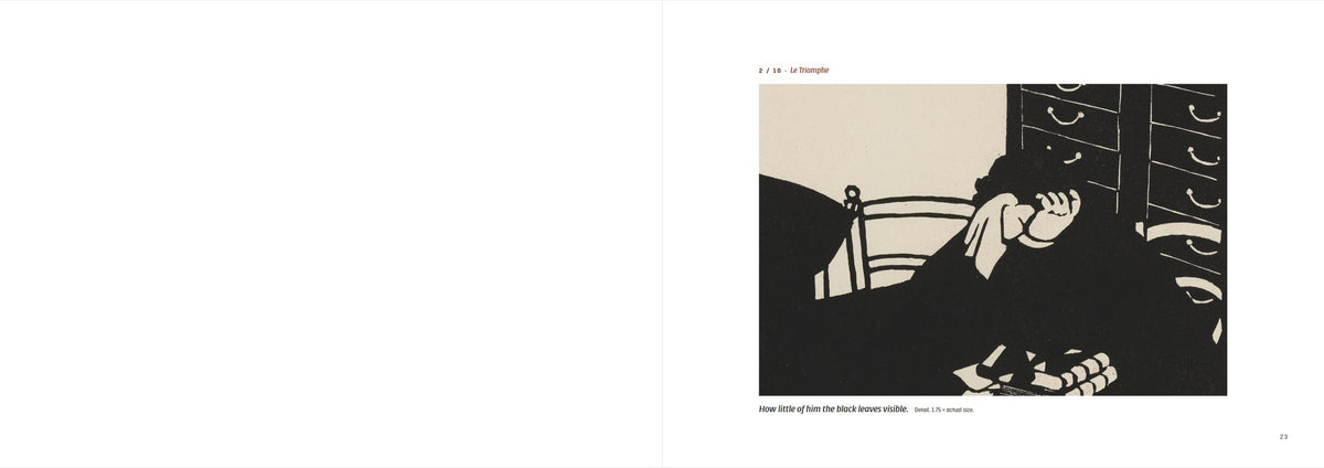 Félix Vallotton — Black on Wood — spread: a detail of Le Triomphe, enlarged (digital preview of the printed pages)
