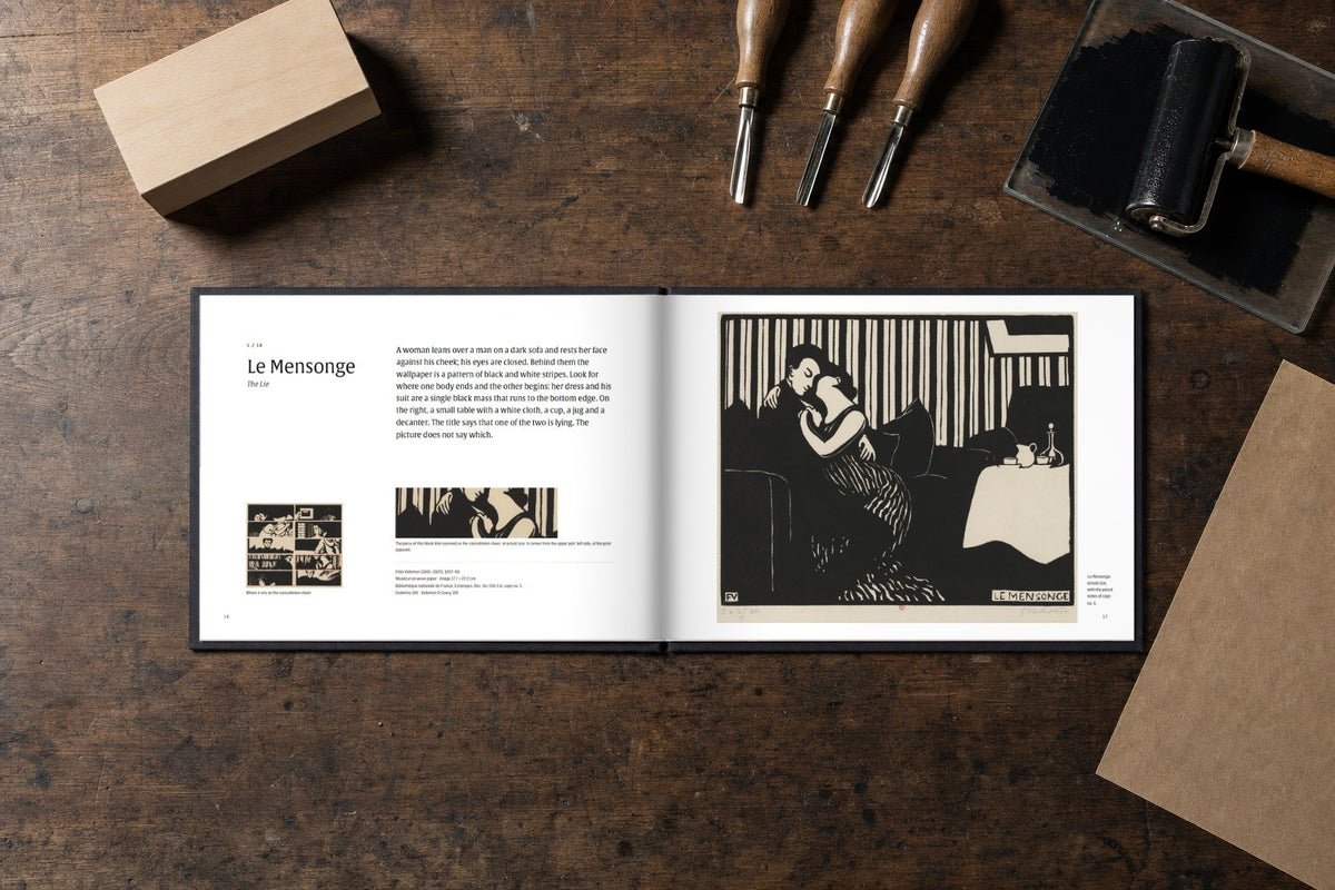 Félix Vallotton — Black on Wood — the book open on a printmaker’s workbench, at Le Mensonge (digitally composed view with the actual printed pages)