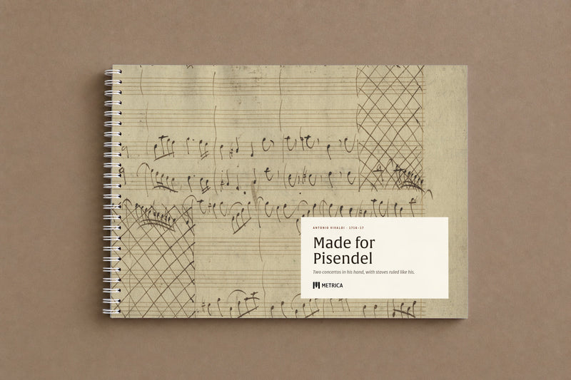 Vivaldi — Made for Pisendel — the notebook closed: the opening of the D minor concerto on the cover, white spiral on the left, digitally composed product view