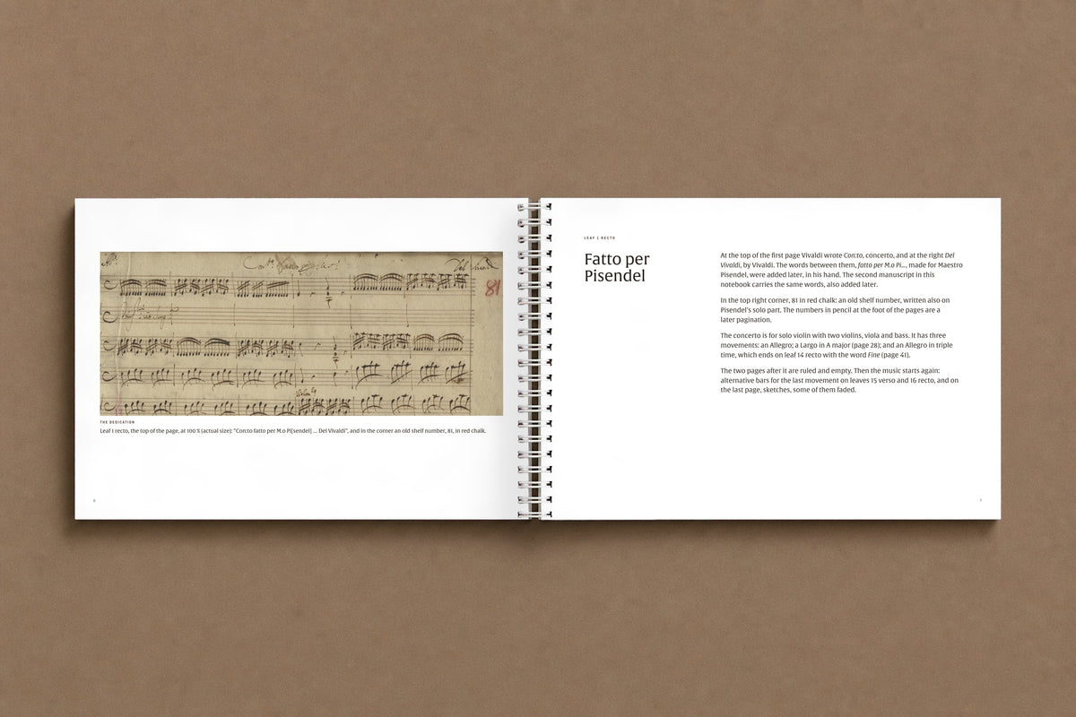 Vivaldi — Made for Pisendel — open notebook: the top of the first page at actual size, with the dedication and the red-chalk 81, facing its story, digitally composed product view