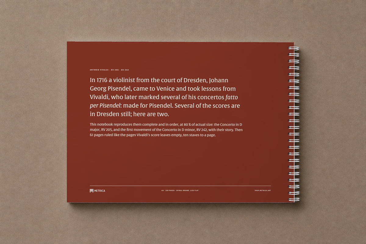Vivaldi — Made for Pisendel — the back of the notebook, in the red of the court archive's chalk, with the story of the manuscripts, digitally composed product view