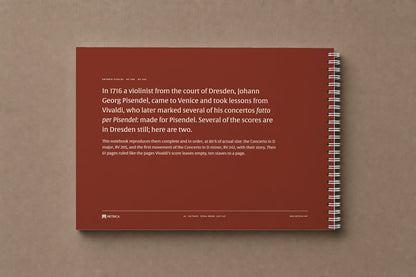 Vivaldi — Made for Pisendel — the back of the notebook, in the red of the court archive's chalk, with the story of the manuscripts, digitally composed product view