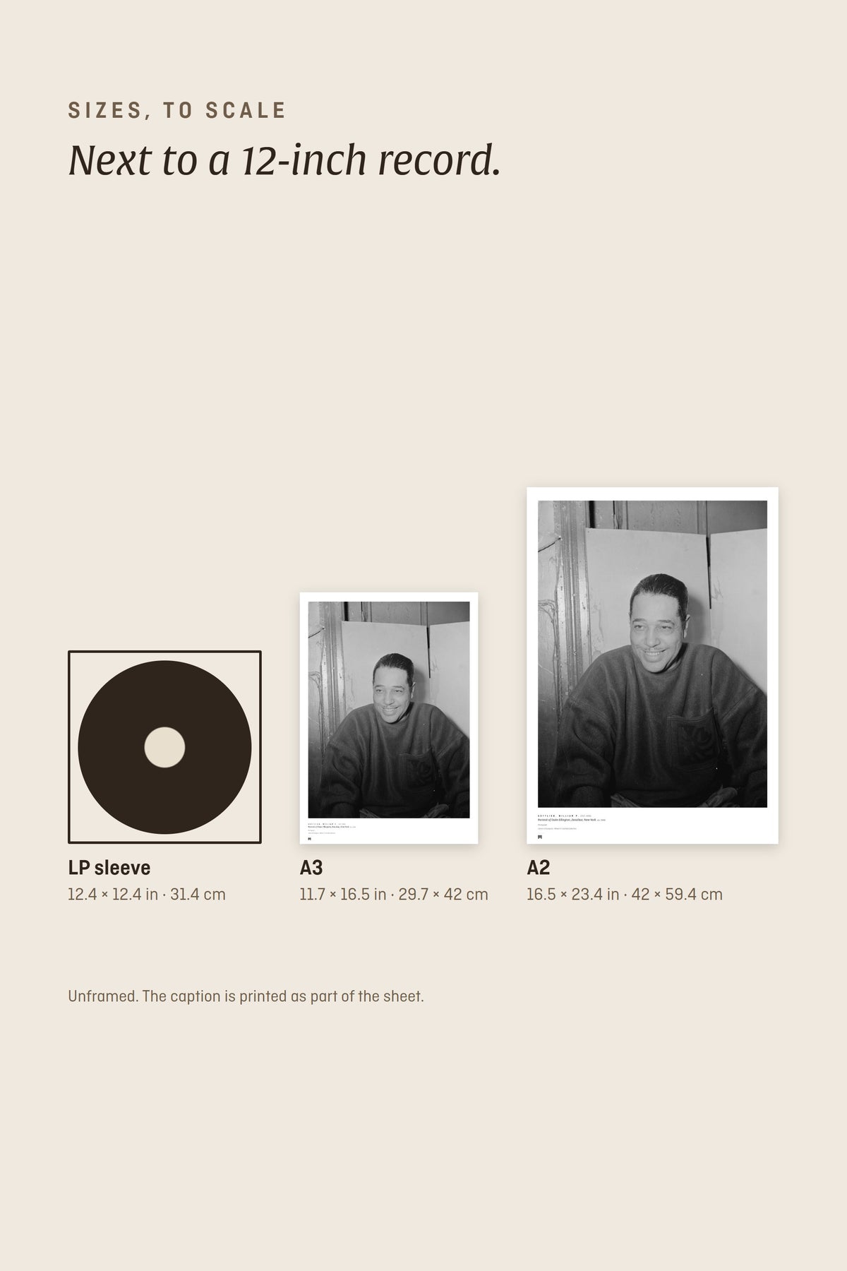 Sizes to scale next to a 12-inch record sleeve