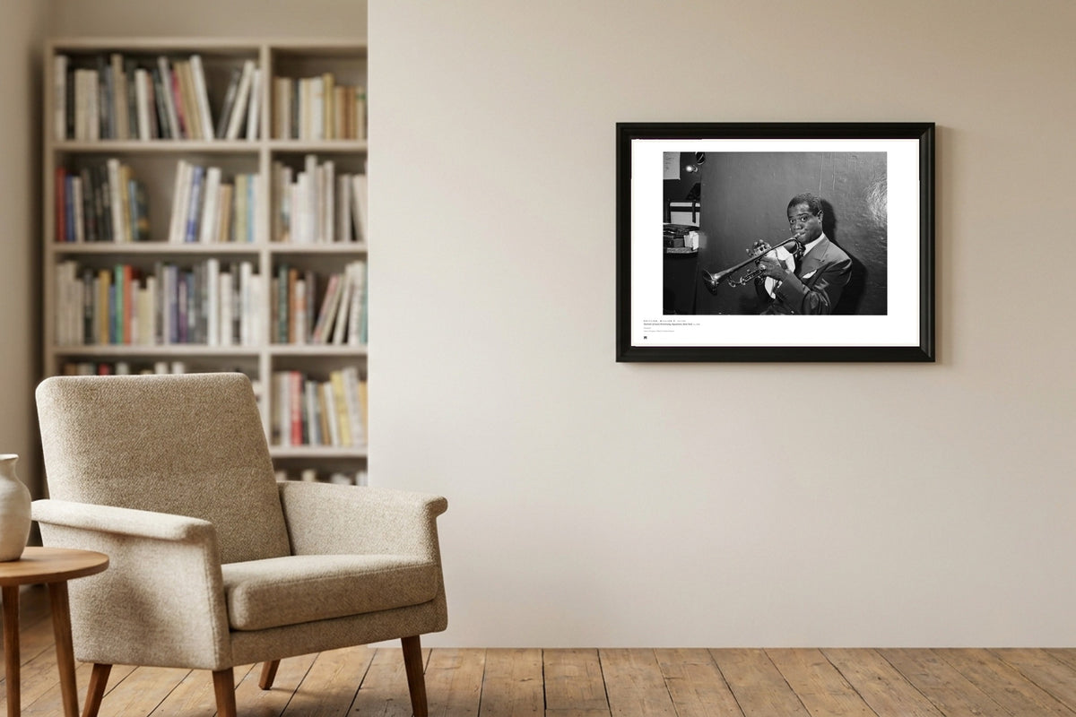 William P. Gottlieb — Portrait of Louis Armstrong, 1946 — Métrica art print, framed on a wall