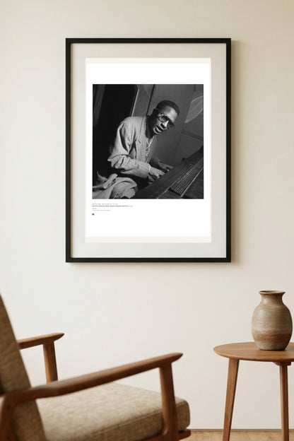 William P. Gottlieb — Portrait of Thelonious Monk, 1947 — Métrica art print, framed on a wall