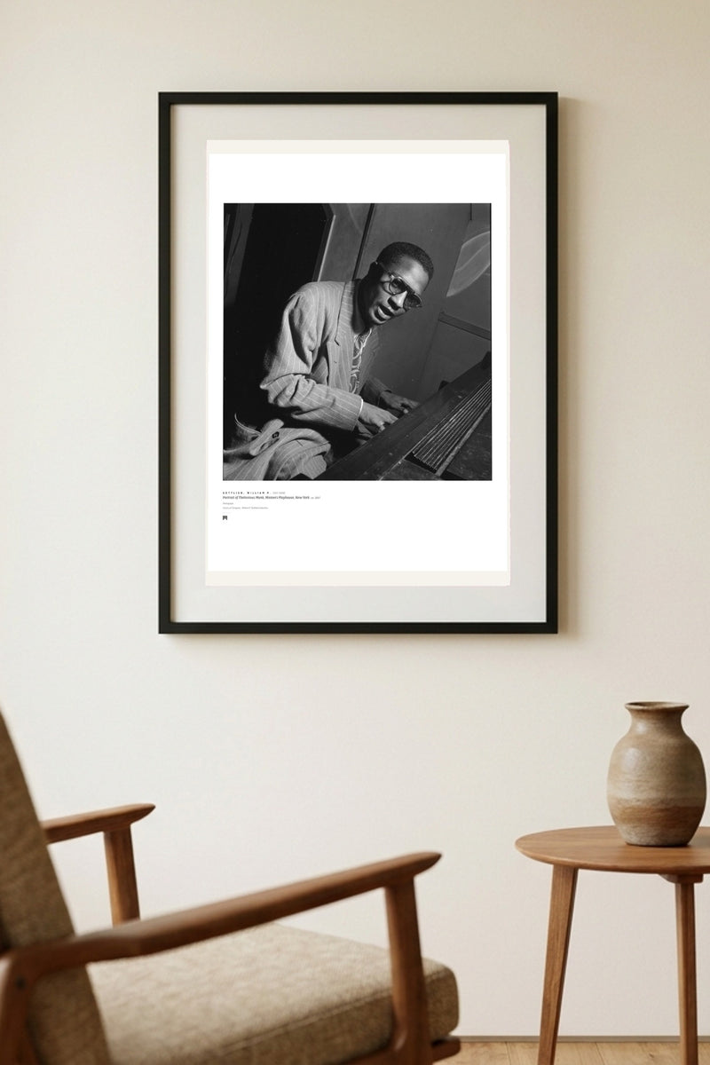 William P. Gottlieb — Portrait of Thelonious Monk, 1947 — Métrica art print, framed on a wall