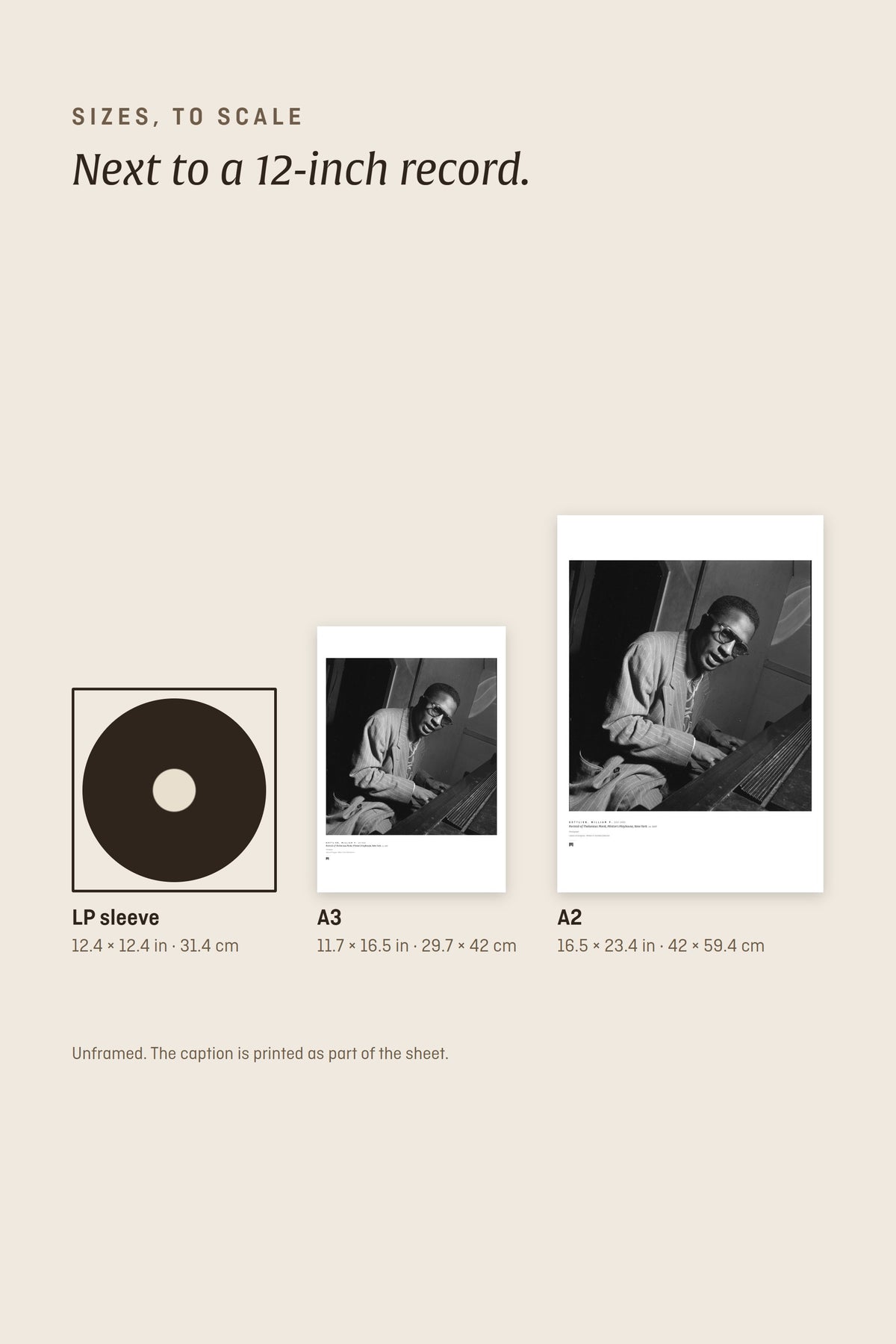 Sizes to scale next to a 12-inch record sleeve